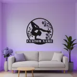 Arte murale LED in metallo per ginnastica | Insegna personalizzata con nome per cameretta ragazza | Decor floreale per ginnasta