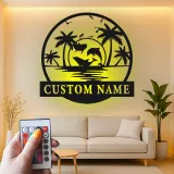 Décoration murale en métal personnalisée avec scène océanique et rétroéclairage LED - Cadeau pour amoureux de la plage, décor tropical pour le salon