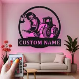 Cartel de metal con grapadora cargadora para tala | Decoración mural LED personalizada para leñador | Decoración para maquinaria pesada para sala de ocio