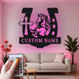 Personalized Horse & Cross LED Sign | Custom Horseshoe Metal Wall Art | Equestrian Gift for Rider | Barn, Stable & Ranch Decor