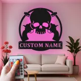 Insegna personalizzata con teschio e revolver | Arte murale in metallo LED | Decorazione per man cave personalizzata e regalo per appassionati di armi