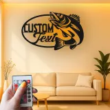 Enseigne de pêche sur mesure en métal | Décor LED avec prénom de pêcheur | Décoration rustique pour maison de lac, chalet et man cave