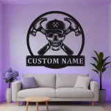 Custom Skull Hammer Metal Sign | LED Workshop Decor for Garage | Personalized Carpenter Name Plaque | Handyman Gift