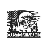 Arte in metallo personalizzata con alce | Insegna LED retroilluminata per decorazioni da cabin | Regalo rustico per cacciatori | Scena della foresta con bandiera USA