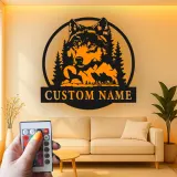Cartel de metal personalizado con luz LED de lobo y bosque, regalo de vida salvaje personalizado para amantes de la naturaleza, decoración para cabañas