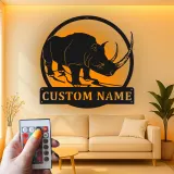 Rhinoceros Metal Wall Art | Custom Name LED Sign | Wildlife Safari Decor for Living Room or Office | Unique Animal Lover Gift