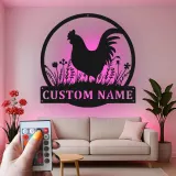 Insegna in metallo con gallo personalizzata con LED | Arte murale personalizzata per fattoria | Decorazione rustica per cucina e pollaio | Regalo per amanti dei polli