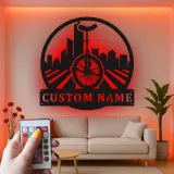 Custom Unicycle Cityscape Led Light Metal Wall Art Unique Gift for Cyclists Urban Decor for Living Room
