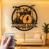 Personalisierte LED-Metall-Wandkunst mit Drumset – Musiker-Geschenk für Musikstudio oder Bandraum