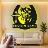 Letrero personalizado de caballo y herradura | Decoración mural LED de metal | Decoración ecuestre a medida para casa de campo | Regalo cristiano para amantes de los caballos