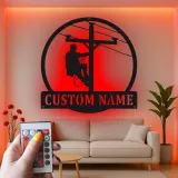 Personalized Lineman Sign | LED Metal Wall Art for Electrician | Custom Name Powerline Decor | Gift for Utility Worker Dad Husband