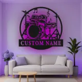 Décoration murale en métal LED personnalisée pour batteur - Cadeau musicien - Décor de salle de musique