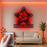 Cartel Personalizado de Hibisco y Estrella de Mar | Arte de Metal de Pared Personalizado con LED | Decoración de Casa de Playa Costera y Carteles para Salones