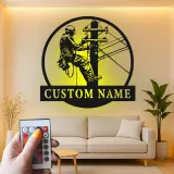Arte mural LED de metal para liniero | Cartel personalizado con nombre para electricista | Regalo personalizado para trabajador de servicios públicos | Decoración industrial para oficina y garaje
