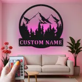 Personalized Mountain Metal Wall Art | LED Backlit Nature Scene for Cabin Decor | Custom Family Name Sign