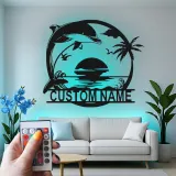 Cartel de metal personalizado con delfines al atardecer y luz LED, regalo para amantes de la playa, decoración costera para el salón