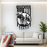 Letrero LED personalizado con alce y bandera estadounidense | Arte mural de metal personalizado | Decoración rústica para cabaña para amantes de la vida al aire libre