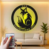 Insegna in metallo LED con volpe su misura | Decorazione murale personalizzata con fauna selvatica | Arredo per baita e regalo per amanti della natura | Logo con data di fondazione