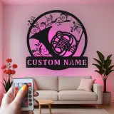 French Horn Metal Wall Art | Personalized LED Sign for Music Room | Custom Musician Name Plaque | Studio Decor Gift