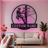 Arte mural LED de metal para liniero | Cartel personalizado con nombre para electricista | Regalo personalizado para trabajador de servicios públicos | Decoración industrial para oficina y garaje