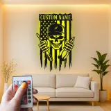 Panneau en métal crâne de mécanicien personnalisé | Décoration murale rétroéclairée pour garage | Cadeau patriotique pour réparateur avec drapeau américain