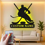 Custom Hockey Player Metal Sign | LED Light Wall Art | Personalized Game Room Decor | Hockey Fan Gift