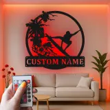 Custom Surfer Metal Wall Art | Personalized LED Beach House Decor | Tropical Wave Silhouette Sign | Gift for Ocean Lovers