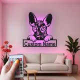 Insegna Personalizzata per Gatto Sphynx | Arte in Metallo LED da Parete Personalizzata | Regalo per Amanti dei Gatti Senza Pelo | Decorazione Moderna per Casa e Clinica Veterinaria