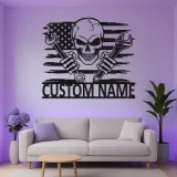 Art mural en métal LED avec crâne patriote | Panneau de garage mécanicien personnalisé | Décoration de man cave pour lui
