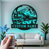 Décoration murale en métal personnalisée de train à vapeur avec rétroéclairage LED - Cadeau pour passionnés de trains, décoration pour salon ou bureau