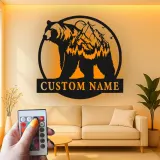 Cartel de metal personalizado con luz LED de oso y montaña, regalo para amantes de la naturaleza, decoración de cabaña o refugio