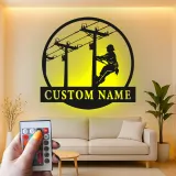 Lineman LED Metal Wall Art | Personalized Electrician Gift | Custom Name Sign for Industrial Decor, Man Cave | RGB Light Up Utility Pole