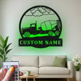 Décoration murale en métal personnalisée avec éclairage LED de camion de bétonnière - Cadeau de construction pour lui, décoration de garage ou d'atelier