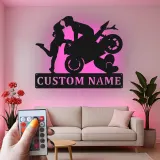 Panneau en métal moto personnalisé | Art LED pour couples de motards | Décoration murale romantique pour chambre et garage
