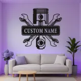Personalized Mechanic Garage Sign | LED Metal Wall Art with Piston & Wrenches | Custom Automotive Decor for Car Enthusiasts