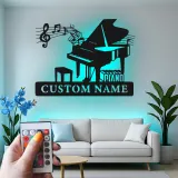 Cartel de metal de piano de cola personalizado con LED | Cartel de sala de música personalizado | Regalo para músico | Silueta de piano de cola