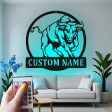 Insegna in metallo LED personalizzata con toro - Regalo per lui, decorazione per man cave o ufficio