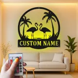 Arte mural de metal LED de flamenco | Cartel tropical personalizado | Decoración de casa de playa | Placa de nombre personalizada para hogares costeros