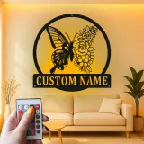 Décoration murale en métal personnalisée Papillon et Fleurs avec Rétroéclairage LED Cadeau pour Amateurs de Jardin Décor de Chambre ou de Patio
