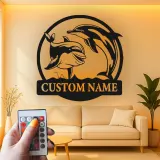 Insegna in metallo personalizzata con delfini retroilluminata, regalo per amanti dell'oceano, decorazione nautica per casa al mare