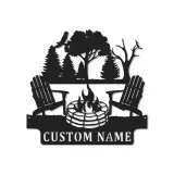 Insegna in metallo personalizzata con scena di campeggio e LED per decorare patii o cabine