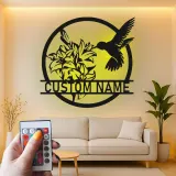 Hummingbird & Lily LED Metal Wall Art | Personalized Name Sign for Home | Custom Floral Bird Decor for Garden Lovers