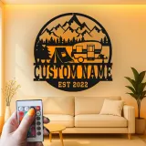 Cartel de metal LED con camper y tienda personalizado, regalo de aventura al aire libre para decoración de cabaña o RV