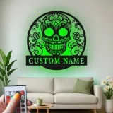 Sugar Skull LED Metal Wall Art | Personalized Day of the Dead Decor | Custom Name Sign for Salon, Patio or Studio