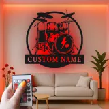Custom Drum Set Led Light Metal Wall Art Personalized Musician Gift Studio or Music Room Decor 4