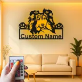 Décoration murale en métal personnalisée pour chien Shetland LED - Cadeau pour maman chien - Décor pour animaux de compagnie