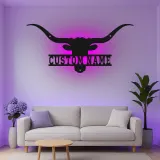 Décoration murale en métal personnalisée avec longhorn et rétroéclairage LED - Cadeau ranch, décoration western pour salon ou man cave