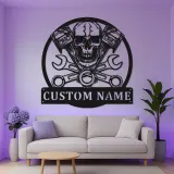 Señal LED de Garaje de Mecánico | Arte de Metal de Pistón y Calavera Personalizado | Placa de Nombre Personalizada para Taller de Reparación de Autos | Regalo para Motociclista