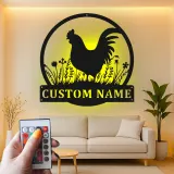Insegna in metallo con gallo personalizzata con LED | Arte murale personalizzata per fattoria | Decorazione rustica per cucina e pollaio | Regalo per amanti dei polli