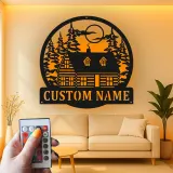 Custom Cabin in the Woods Led Light Metal Wall Art Personalized Housewarming Gift Rustic Home Decor